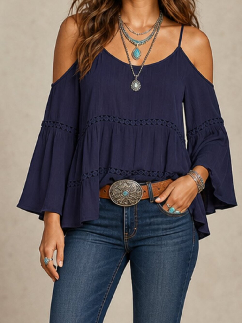 New York & Company Gauze Blue Cold Shoulder Boho Blouse Large